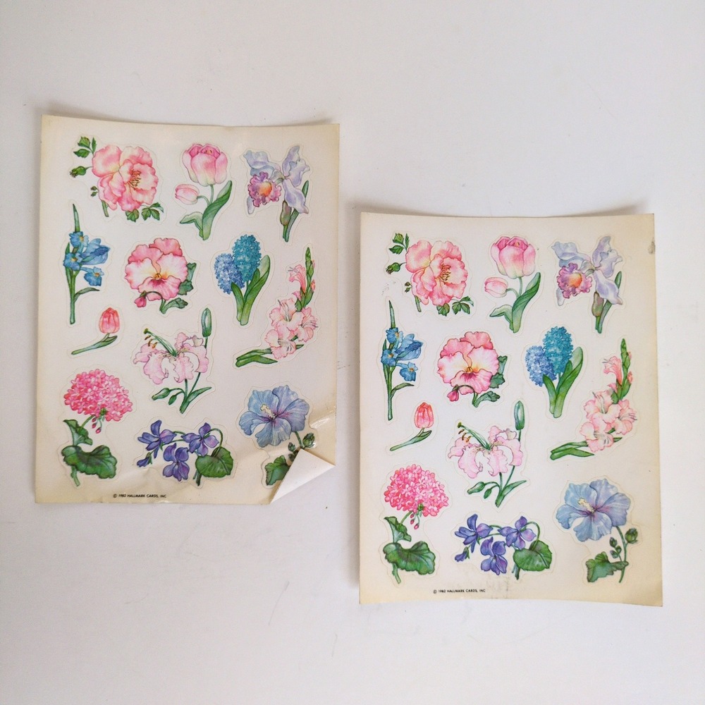 Vintage‎ 80s Hallmark Flower Sticker Sheets (2) - Iris, Peony, Hydrangea, Tulip